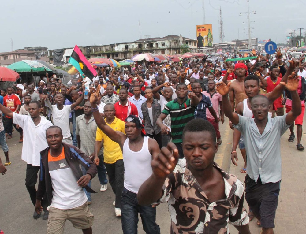 The Indigenous People of Biafra on a Peaceful Protest over the Arrest of the Director of Radio Biafra yesterday along Ikwerre road in Port Harcourt, Rivers State.